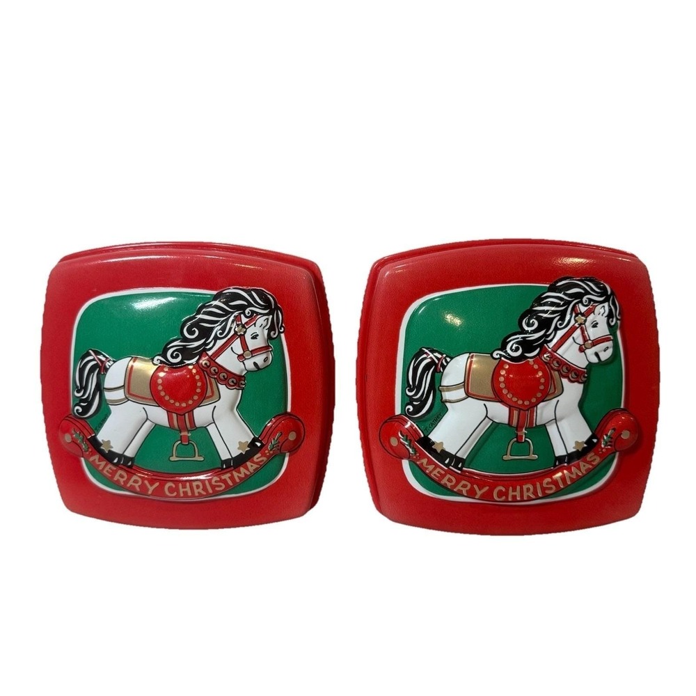 Vintage Rocking Horse Christmas Cookie Container Embossed Blow Mold Plastic 2